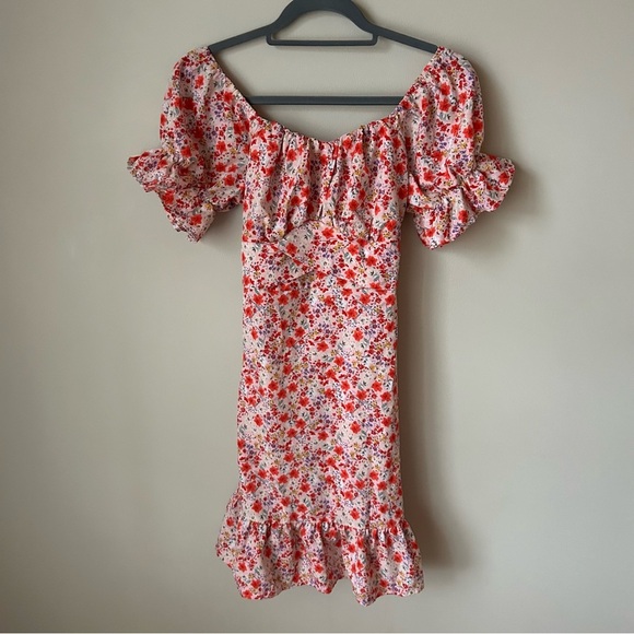 SHEIN Pink Red Floral Off-Shoulder Puff Sleeve Mini Sundress Women’s Size Small - Picture 4 of 10